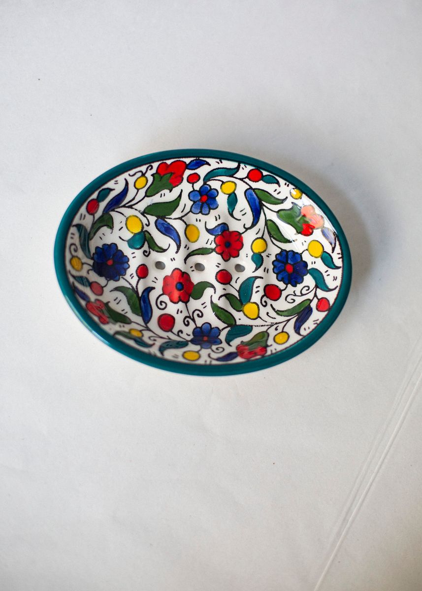 Såpeskål i keramikk, grønn og flerfarget